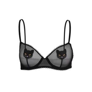 Cat embroidered black mesh bra